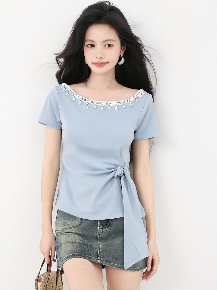 봄 여름 슬림핏 레이스넥 매듭 티셔츠 반팔 허리묶음 언발란스 보트넥 데일리룩 페미닌룩 - 상세 이미지 2