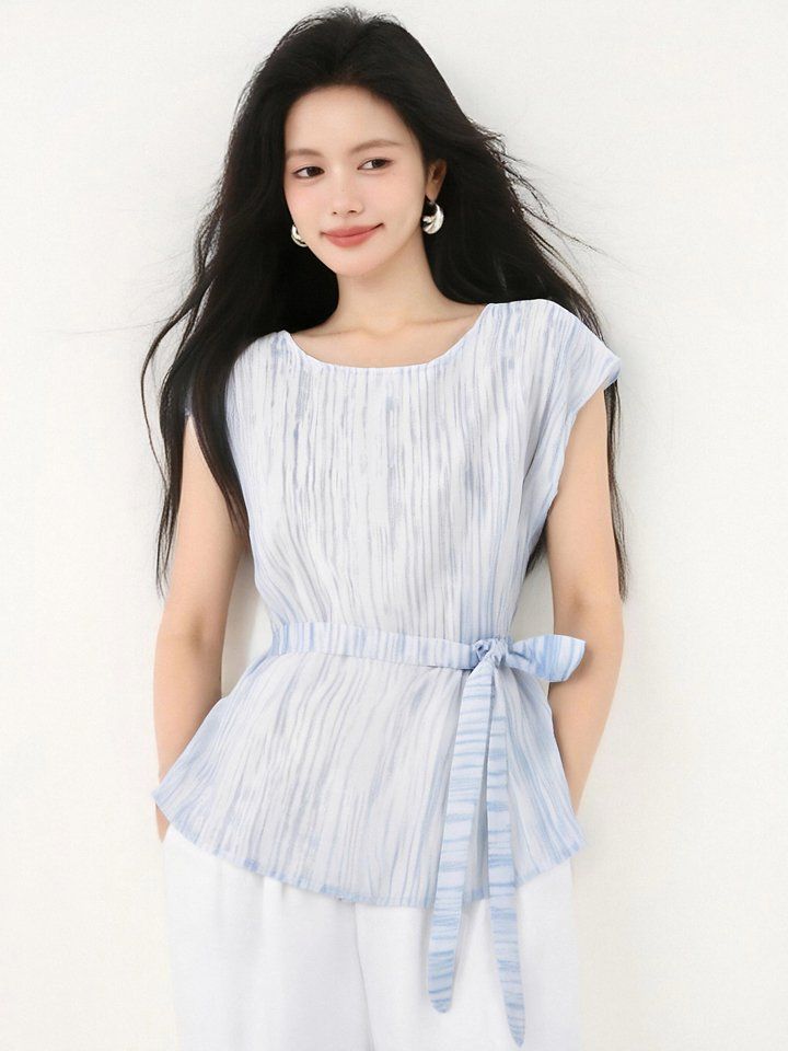봄 여름 슬림핏 스트라이프 나시 블라우스 민소매 라운드넥 벨트세트 데일리룩 오피스룩 - 상세 이미지 2
