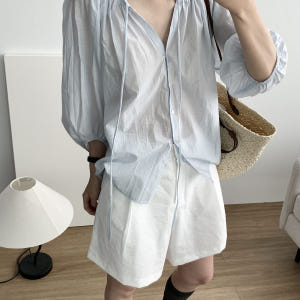 루나 블라우스 시어 퍼프 스트랩 리본 살안타템 가디건블라우스 웨어링무드 ... 착용 후기 | 사이즈/핏 총정리 - 상품 이미지 3