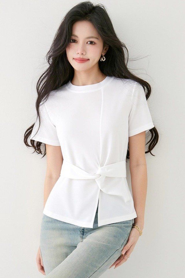 봄 여름 슬림핏 매듭 반팔 티셔츠 허리묶음 언발란스 라운드넥 데일리룩 오피스룩 출근룩 - 상세 이미지 5