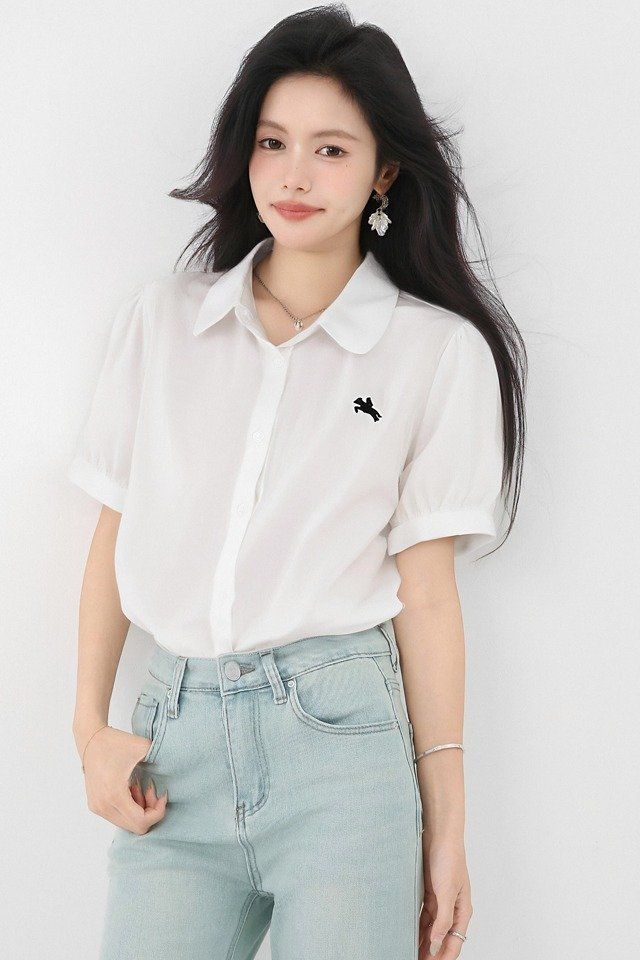 봄 여름 루즈핏 자수포인트 반팔 카라 셔츠 블라우스 데일리룩 오피스룩 출근룩 시원한 - 상세 이미지 5