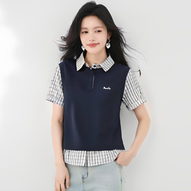 봄 여름 루즈핏 페이크레이어드 카라티 스트라이프 반팔 폴로셔츠 데일리룩 출근룩 오피스룩 - 메인 이미지