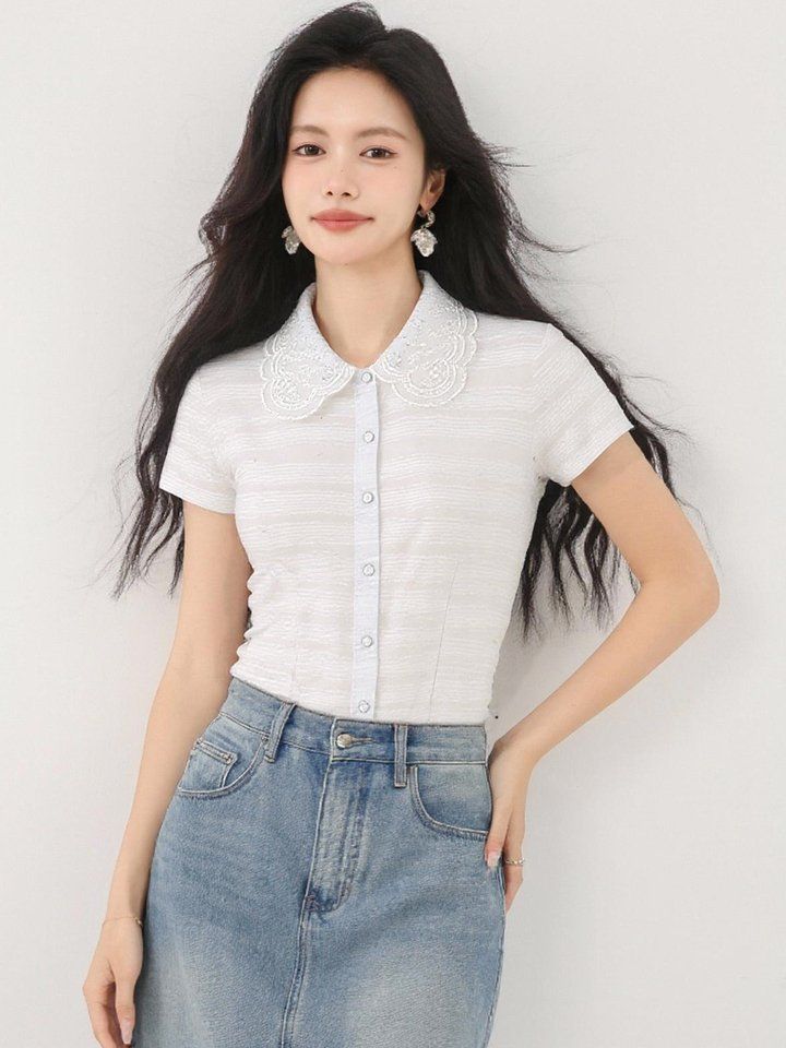 자수카라 반팔 셔츠 블라우스 슬림핏 봄 여름 데일리룩 오피스룩 출근룩 면접룩 하객룩 - 상세 이미지 2