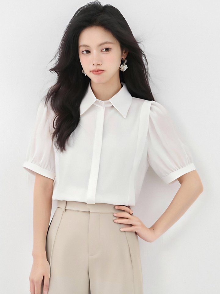 봄 여름 루즈핏 퍼프소매 반팔 셔츠 카라 블라우스 데일리룩 오피스룩 출근룩 시원한 폴리 - 상세 이미지 2
