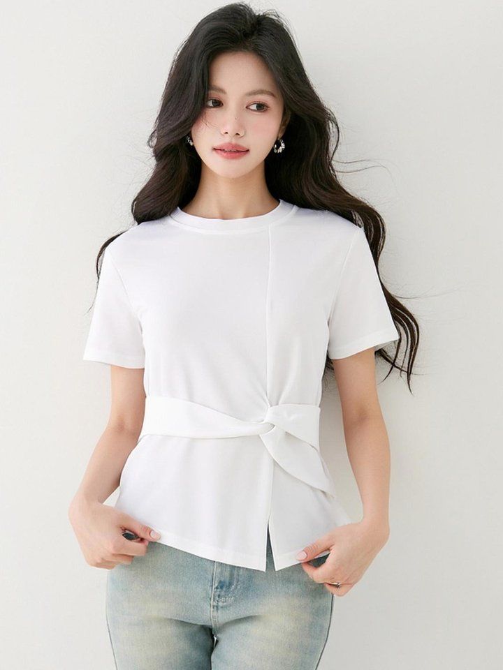 봄 여름 슬림핏 매듭 반팔 티셔츠 허리묶음 언발란스 라운드넥 데일리룩 오피스룩 출근룩 - 상세 이미지 2