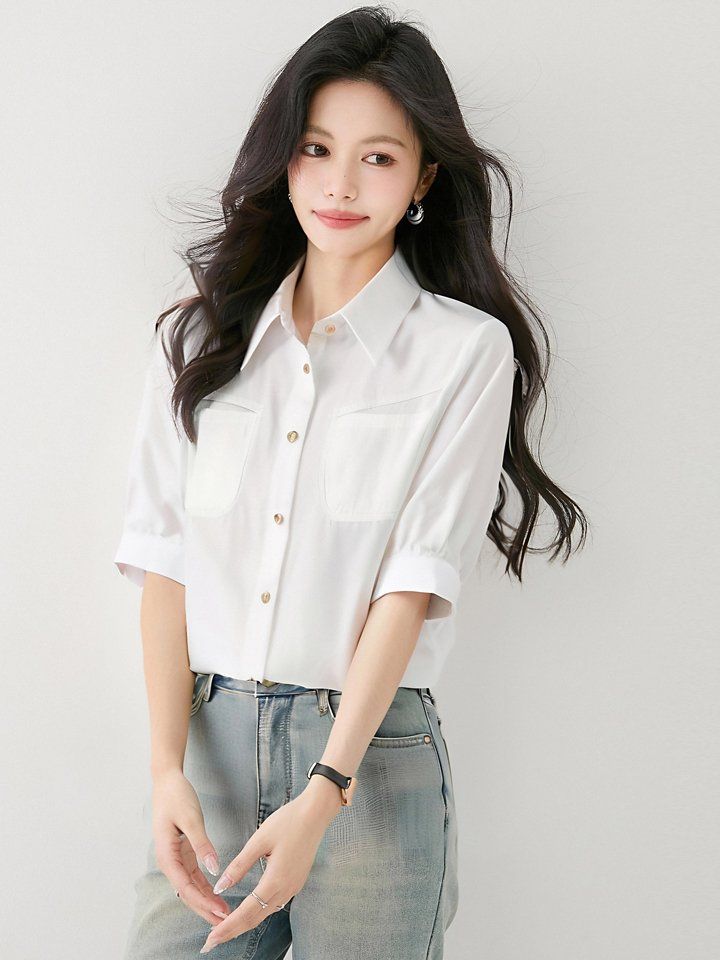봄 여름 루즈핏 포켓 반팔 카라 셔츠 블라우스 데일리룩 오피스룩 출근룩 시원한 폴리 - 상세 이미지 3