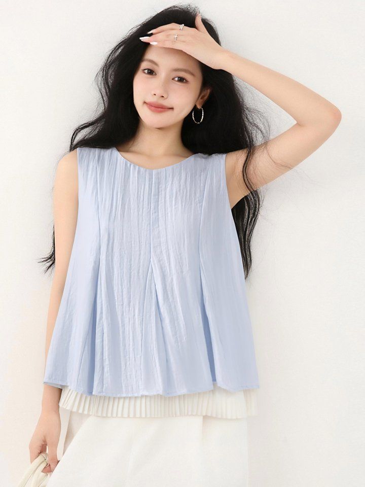 봄 여름 루즈핏 플리츠 나시 블라우스 민소매 라운드넥 데일리룩 레이어드룩 오피스룩 시원한 - 상세 이미지 3