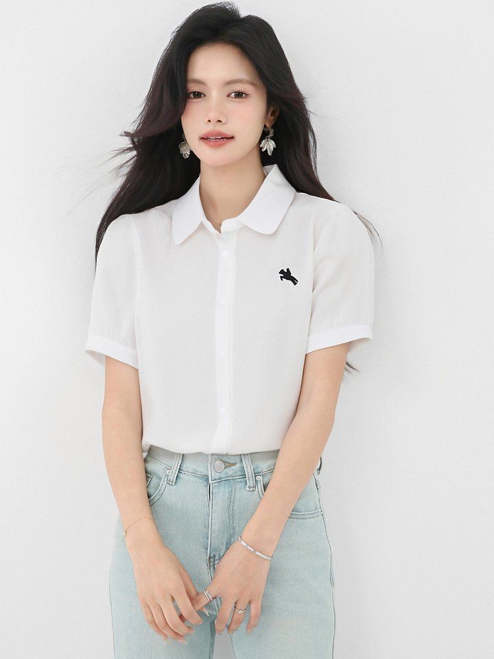 봄 여름 루즈핏 자수포인트 반팔 카라 셔츠 블라우스 데일리룩 오피스룩 출근룩 시원한 - 상세 이미지 3