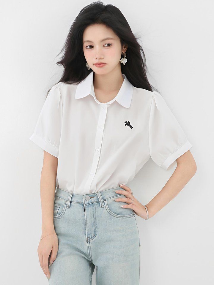 봄 여름 루즈핏 자수포인트 반팔 카라 셔츠 블라우스 데일리룩 오피스룩 출근룩 시원한 - 상세 이미지 4