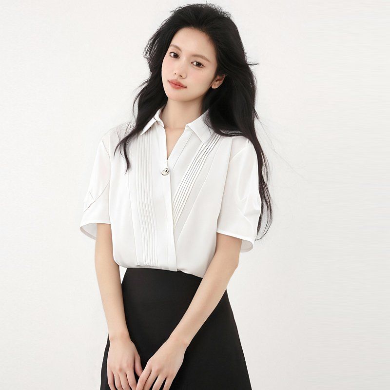 봄 여름 루즈핏 핀턱 브이넥 셔츠 블라우스 반팔 카라 원버튼 데일리룩 오피스룩 출근룩 - 상품 이미지