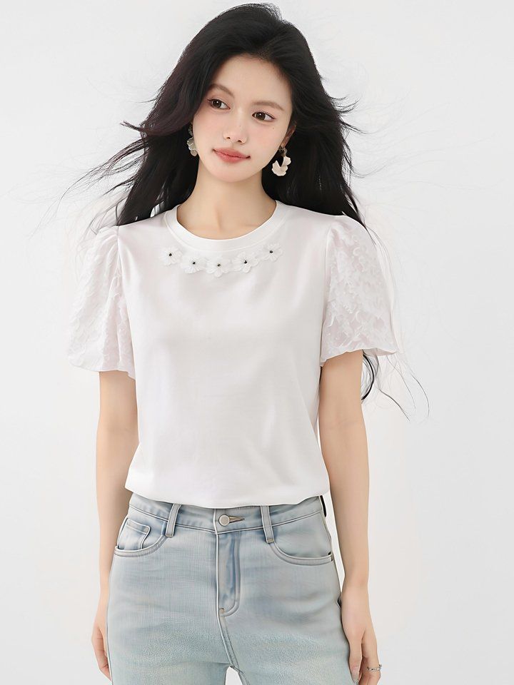 봄 여름 루즈핏 플라워자수 퍼프소매 티셔츠 반팔 라운드넥 아플리케 데일리룩 페미닌룩 - 상세 이미지 2