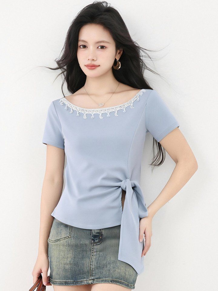 봄 여름 슬림핏 레이스넥 매듭 티셔츠 반팔 허리묶음 언발란스 보트넥 데일리룩 페미닌룩 - 상세 이미지 3