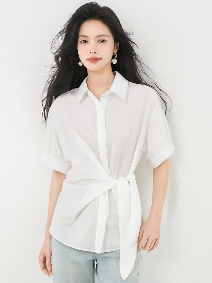 봄 여름 루즈핏 매듭 카라 셔츠 블라우스 반팔 허리묶음 데일리룩 오피스룩 출근룩 시원한 - 상세 이미지 4
