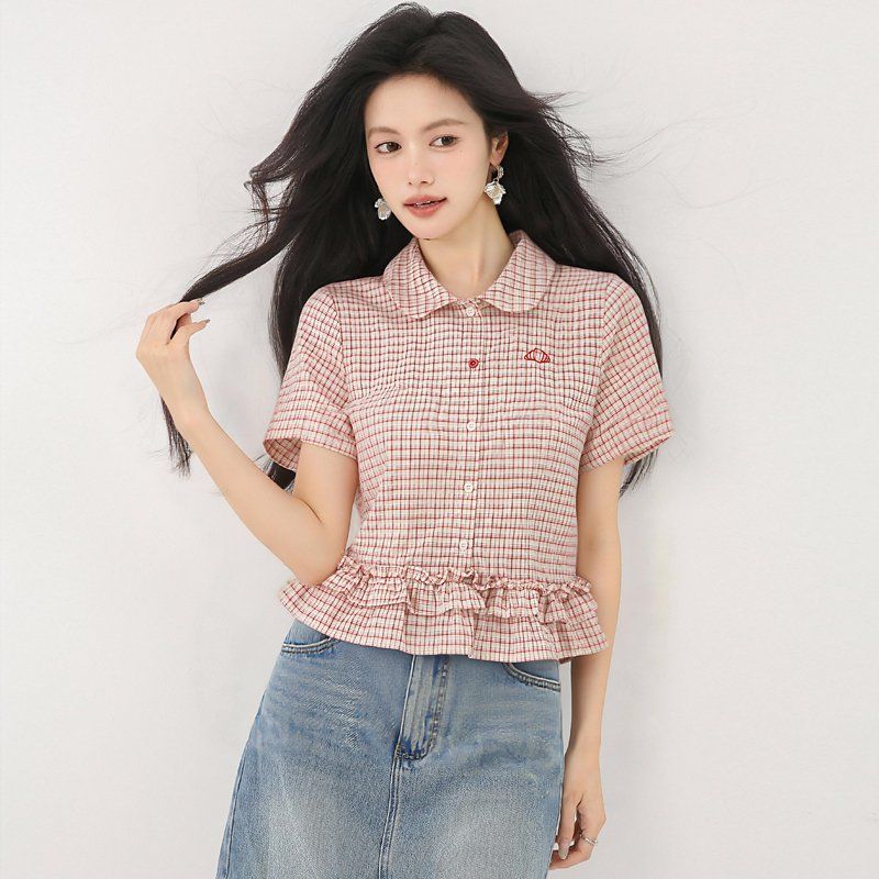 봄 여름 루즈핏 체크 크롭 셔츠 블라우스 반팔 카라 프릴밑단 데일리룩 캐주얼룩 - 상품 이미지