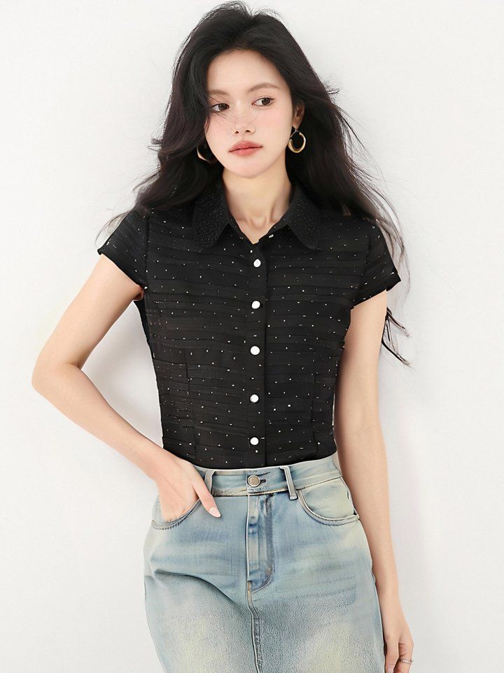 자수카라 반팔 셔츠 블라우스 슬림핏 봄 여름 데일리룩 오피스룩 출근룩 면접룩 하객룩 - 상세 이미지 4