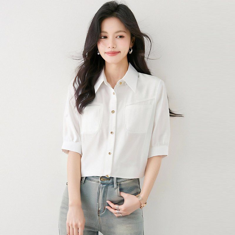 봄 여름 루즈핏 포켓 반팔 카라 셔츠 블라우스 데일리룩 오피스룩 출근룩 시원한 폴리 - 상품 이미지