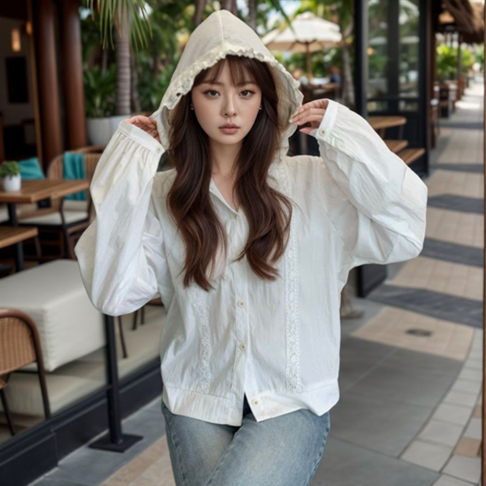 여성긴팔남방 레이스 후드 크롭 여름 블레이저 셔츠 남방 - 상세 이미지 3