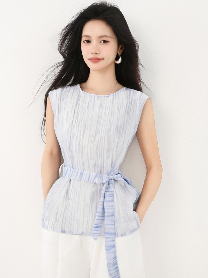 봄 여름 슬림핏 스트라이프 나시 블라우스 민소매 라운드넥 벨트세트 데일리룩 오피스룩 - 상세 이미지 3