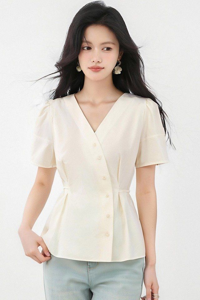 봄 여름 슬림핏 브이넥 퍼프소매 블라우스 페플럼 반팔셔츠 데일리룩 오피스룩 출근룩 - 상세 이미지 5