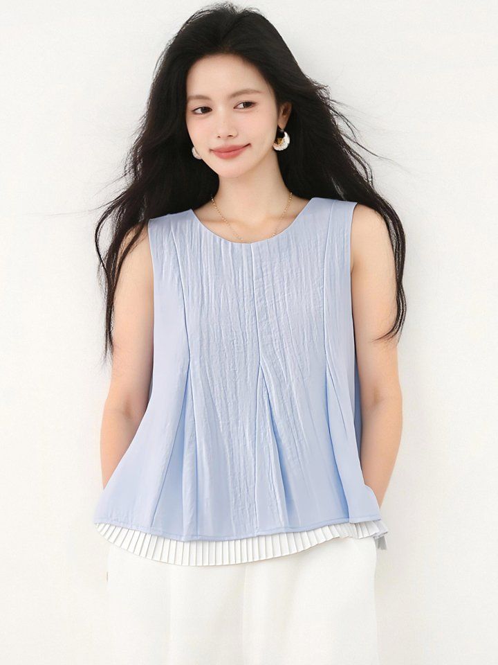 봄 여름 루즈핏 플리츠 나시 블라우스 민소매 라운드넥 데일리룩 레이어드룩 오피스룩 시원한 - 상세 이미지 2