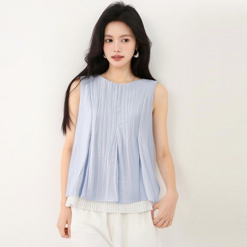 봄 여름 루즈핏 플리츠 나시 블라우스 민소매 라운드넥 데일리룩 레이어드룩 오피스룩 시원한 - 메인 이미지