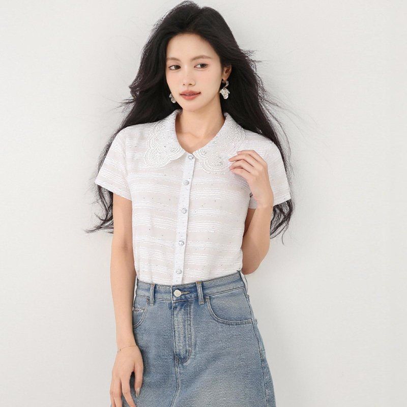 봄 여름 슬림핏 자수카라 반팔 셔츠 블라우스 데일리룩 오피스룩 출근룩 면접룩 하객룩 - 상품 이미지