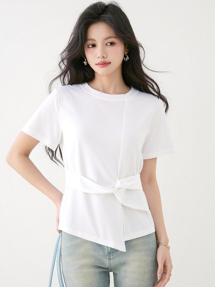 봄 여름 슬림핏 매듭 반팔 티셔츠 허리묶음 언발란스 라운드넥 데일리룩 오피스룩 출근룩 - 상세 이미지 4