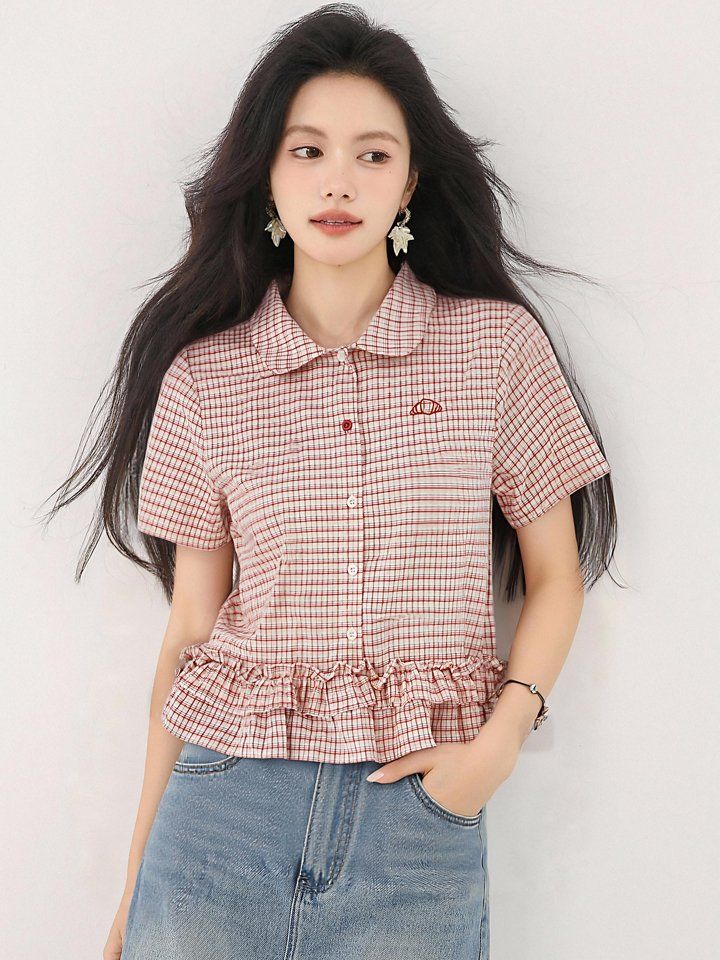 봄 여름 루즈핏 체크 크롭 셔츠 블라우스 반팔 카라 프릴밑단 데일리룩 캐주얼룩 - 상세 이미지 2