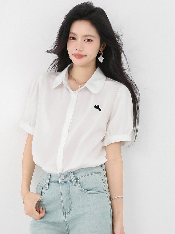 봄 여름 루즈핏 자수포인트 반팔 카라 셔츠 블라우스 데일리룩 오피스룩 출근룩 시원한 - 상세 이미지 2