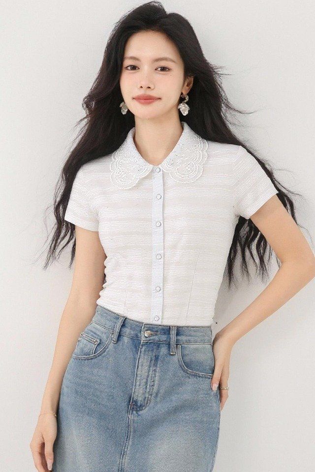 봄 여름 슬림핏 자수카라 반팔 셔츠 블라우스 데일리룩 오피스룩 출근룩 면접룩 하객룩 - 상세 이미지 2