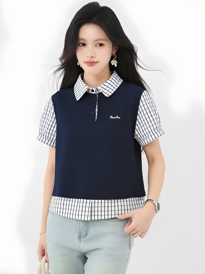 봄 여름 루즈핏 페이크레이어드 카라티 스트라이프 반팔 폴로셔츠 데일리룩 출근룩 오피스룩 - 상세 이미지 4