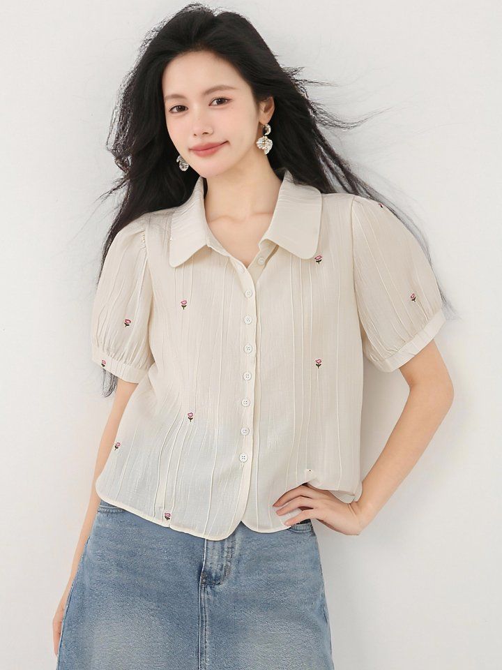 봄 여름 루즈핏 플라워자수 핀턱 블라우스 반팔 카라셔츠 데일리룩 오피스룩 출근룩 예쁜핏 - 상세 이미지 3