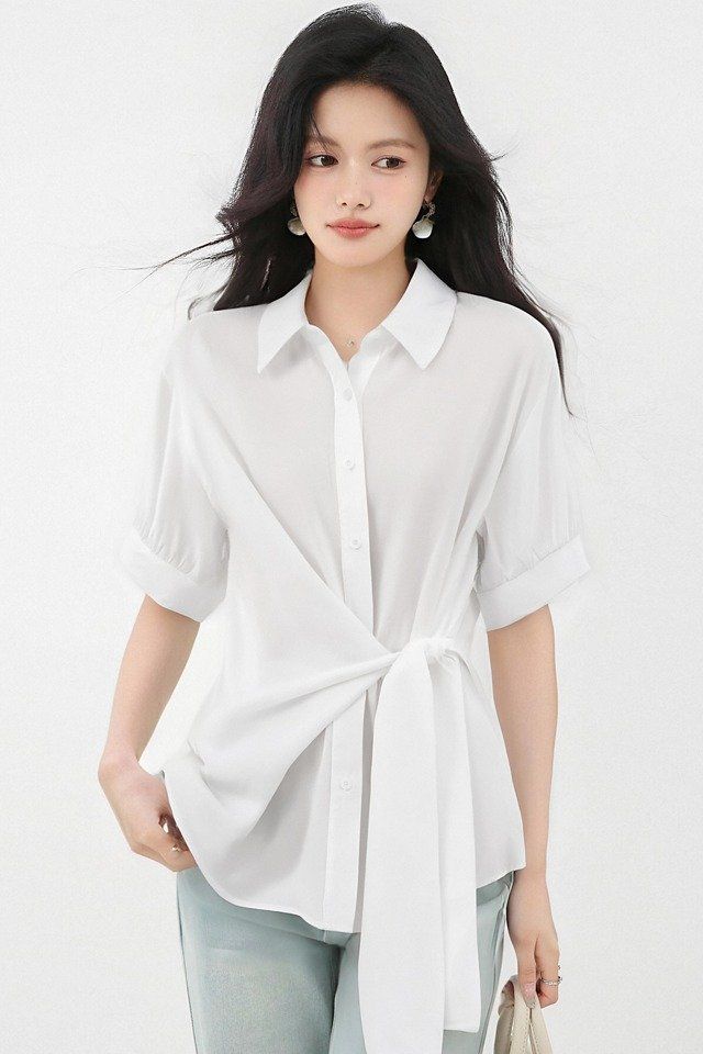 봄 여름 루즈핏 매듭 카라 셔츠 블라우스 반팔 허리묶음 데일리룩 오피스룩 출근룩 시원한 - 상세 이미지 5