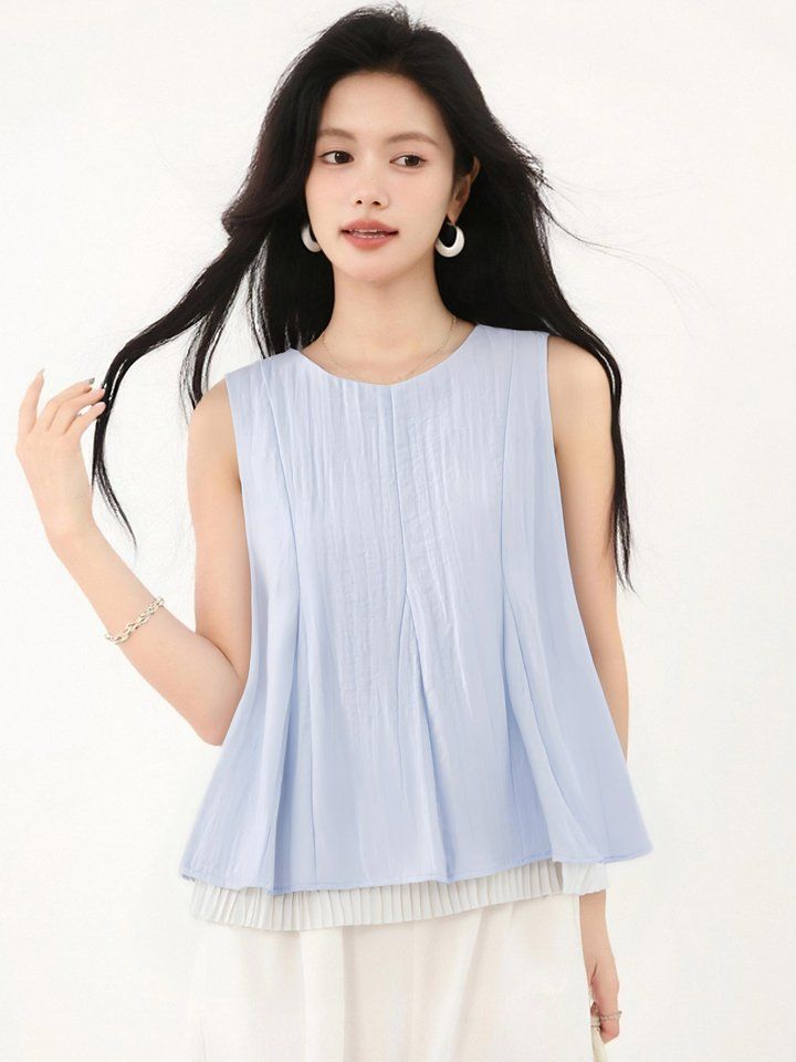 봄 여름 루즈핏 플리츠 나시 블라우스 민소매 라운드넥 데일리룩 레이어드룩 오피스룩 시원한 - 상세 이미지 4