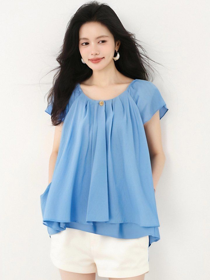 봄 여름 루즈핏 핀턱 플레어 블라우스 반팔 플러터소매 라운드넥 데일리룩 레이어드룩 - 상세 이미지 4
