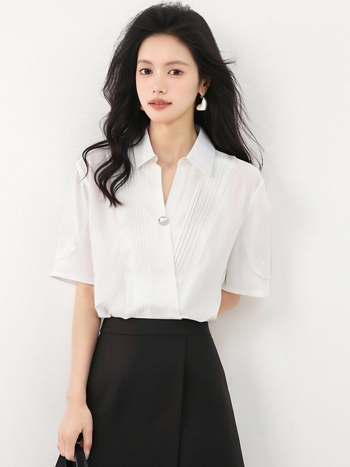 봄 여름 루즈핏 핀턱 브이넥 셔츠 블라우스 반팔 카라 원버튼 데일리룩 오피스룩 출근룩 - 상세 이미지 2