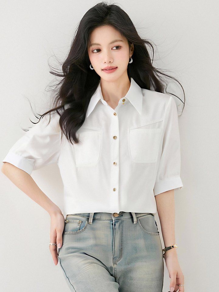 봄 여름 루즈핏 포켓 반팔 카라 셔츠 블라우스 데일리룩 오피스룩 출근룩 시원한 폴리 - 상세 이미지 2