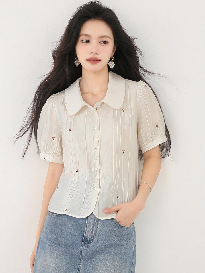 봄 여름 루즈핏 플라워자수 핀턱 블라우스 반팔 카라셔츠 데일리룩 오피스룩 출근룩 예쁜핏 - 상세 이미지 2