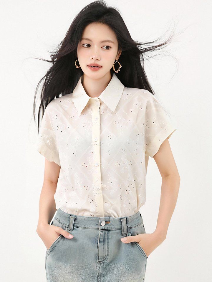 봄 여름 루즈핏 펀칭 아일렛 카라 셔츠 반팔 물결밑단 데일리룩 오피스룩 시원한 폴리 - 상세 이미지 4