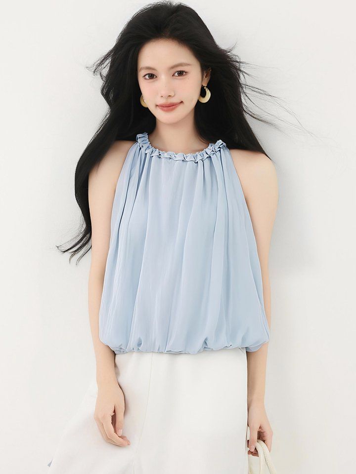 봄 여름 루즈핏 홀터넥 나시 블라우스 민소매 셔링 프릴 데일리룩 바캉스룩 페미닌룩 - 상세 이미지 2