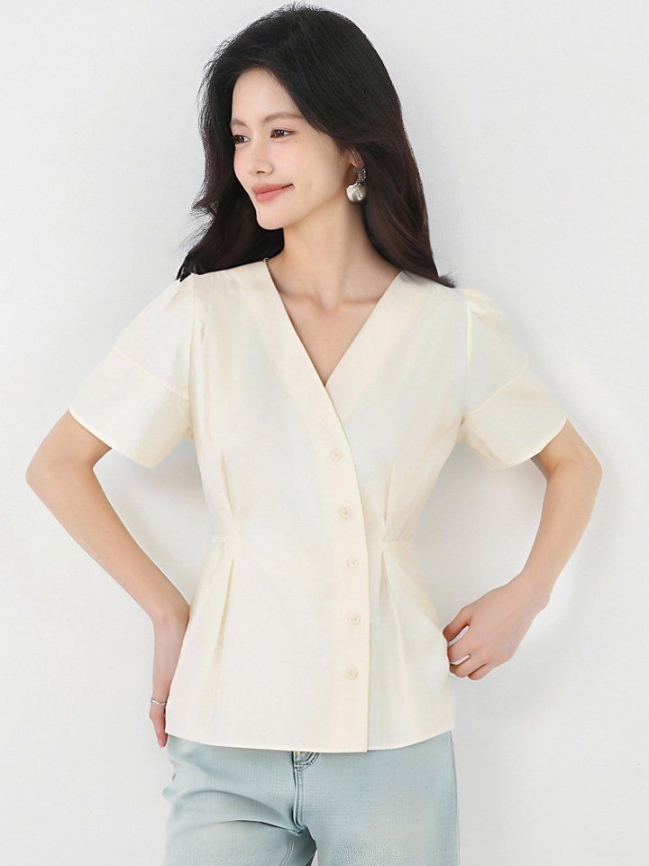 봄 여름 슬림핏 브이넥 퍼프소매 블라우스 페플럼 반팔셔츠 데일리룩 오피스룩 출근룩 - 상세 이미지 2