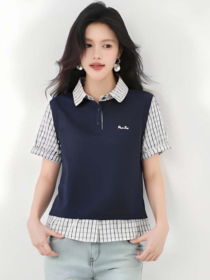 봄 여름 루즈핏 페이크레이어드 카라티 스트라이프 반팔 폴로셔츠 데일리룩 출근룩 오피스룩 - 상세 이미지 2