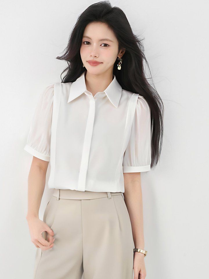 봄 여름 루즈핏 퍼프소매 반팔 셔츠 카라 블라우스 데일리룩 오피스룩 출근룩 시원한 폴리 - 상세 이미지 4