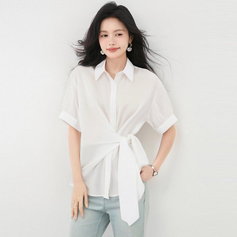 봄 여름 루즈핏 매듭 카라 셔츠 블라우스 반팔 허리묶음 데일리룩 오피스룩 출근룩 시원한 - 상품 이미지