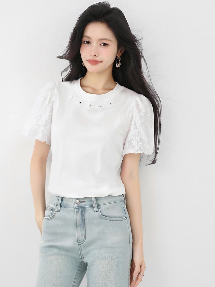 봄 여름 루즈핏 플라워자수 퍼프소매 티셔츠 반팔 라운드넥 아플리케 데일리룩 페미닌룩 - 상세 이미지 4