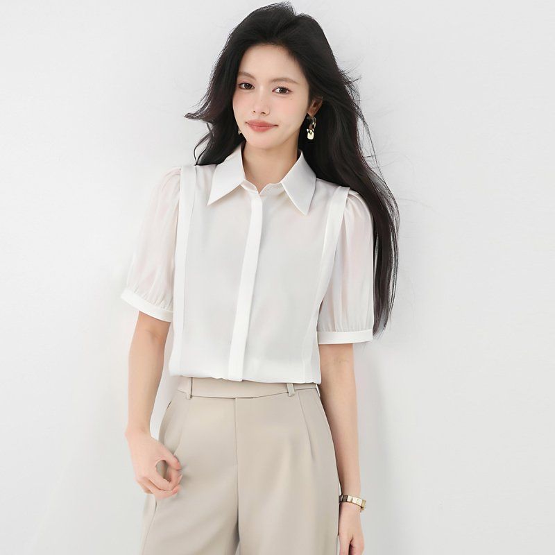 봄 여름 루즈핏 퍼프소매 반팔 셔츠 카라 블라우스 데일리룩 오피스룩 출근룩 시원한 폴리 - 메인 이미지