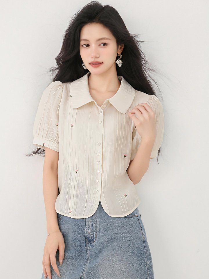 봄 여름 루즈핏 플라워자수 핀턱 블라우스 반팔 카라셔츠 데일리룩 오피스룩 출근룩 예쁜핏 - 상세 이미지 4