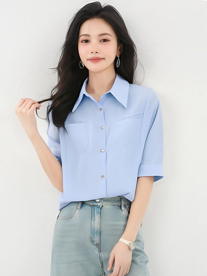 봄 여름 루즈핏 포켓 반팔 카라 셔츠 블라우스 데일리룩 오피스룩 출근룩 시원한 폴리 - 상세 이미지 5