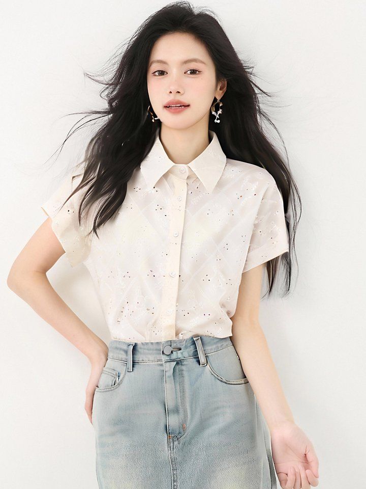 봄 여름 루즈핏 펀칭 아일렛 카라 셔츠 반팔 물결밑단 데일리룩 오피스룩 시원한 폴리 - 상세 이미지 5