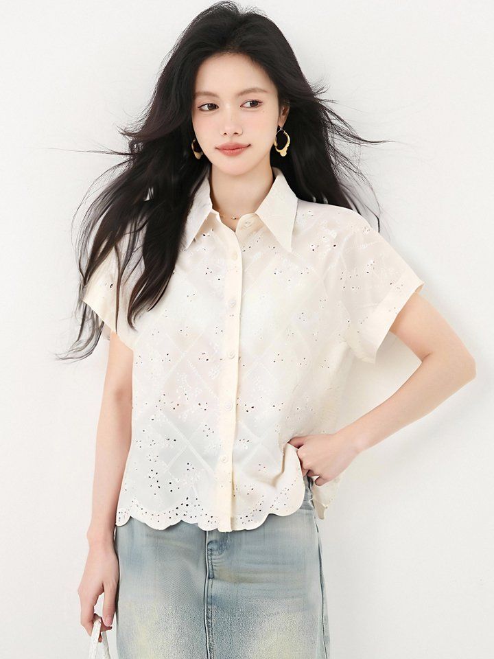 봄 여름 루즈핏 펀칭 아일렛 카라 셔츠 반팔 물결밑단 데일리룩 오피스룩 시원한 폴리 - 상세 이미지 2